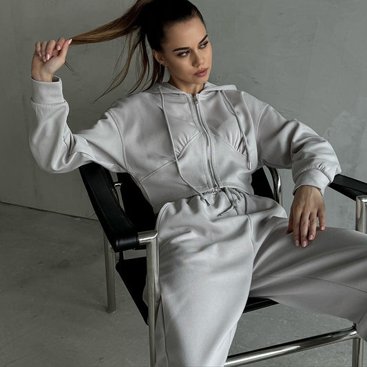 Long Sleeve Zipper Hooded Sweater Solid Color Laced Pants Two-piece Set