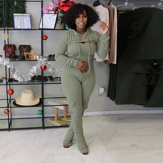 Long-sleeved Hooded Sling Slim Fit Bodysuit Two-piece Set