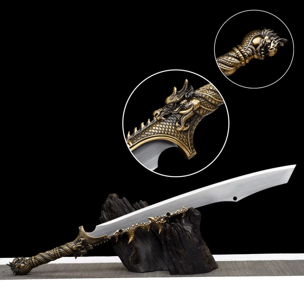 Integrated Blades Flaming Frenzy Saber, Dragon Slaying Saber, Long Style Ox Tail Saber High Manganese Steel Unsharpened Cold Weapon Crafts