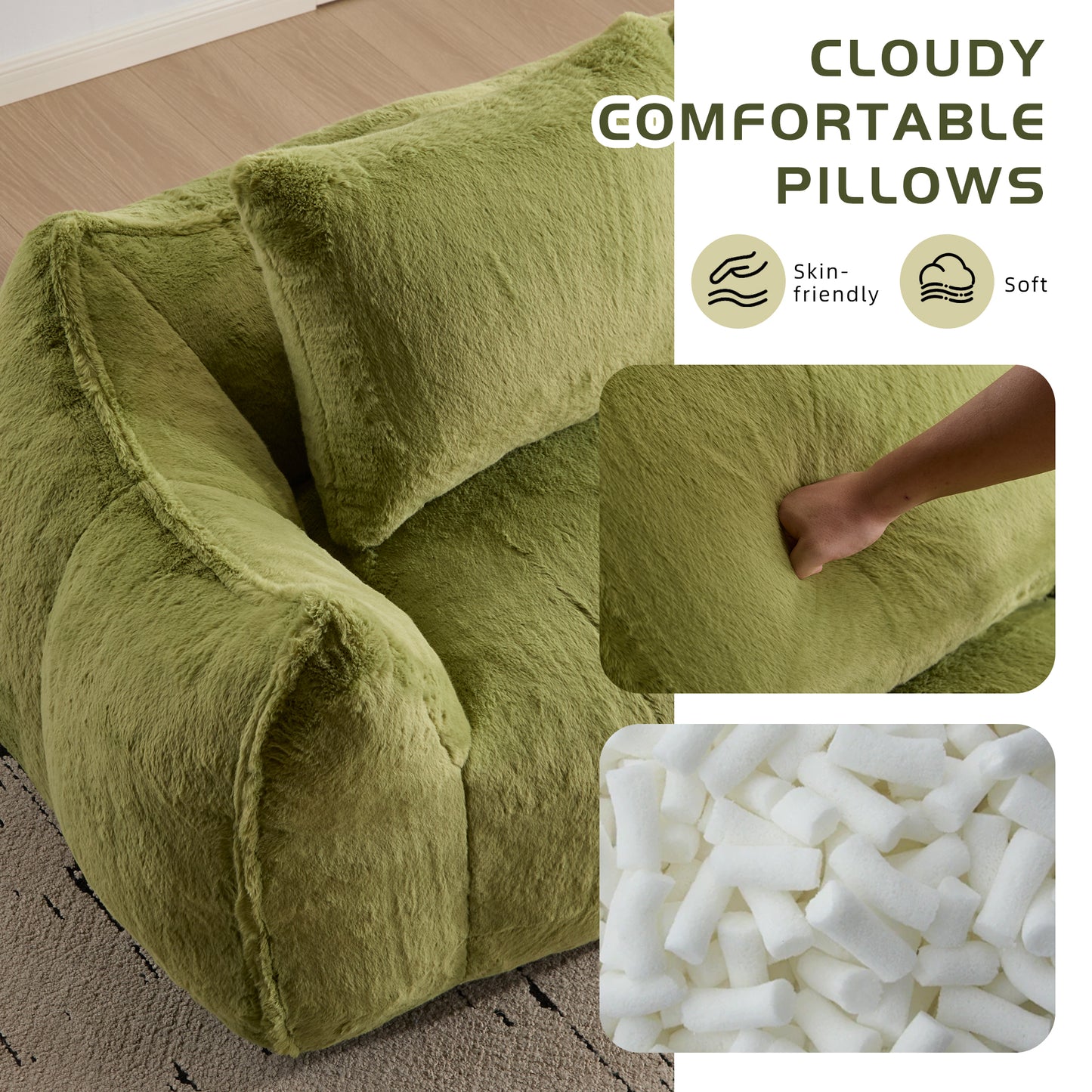 Giant Bean Bag Couch For Adults, Ultra Soft Fluffy Loveseat Bean Bag Sofa, Oversized Chase Lounge Chair Indoor For Living Room Bedroom, No Assembly Required Cozy Reading Chair With Pillows, Green