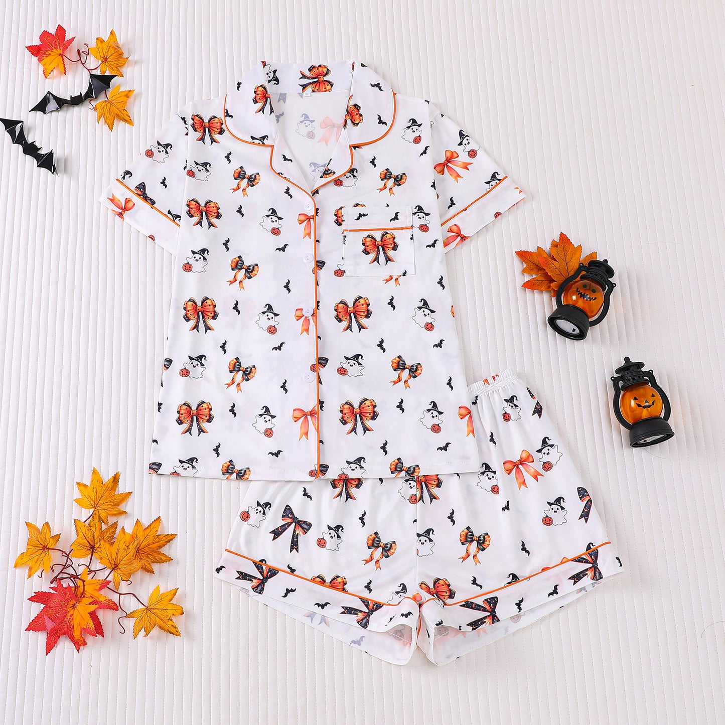 Cuban Collar Halloween Pumpkin Head Women's Short Sleeve Suit