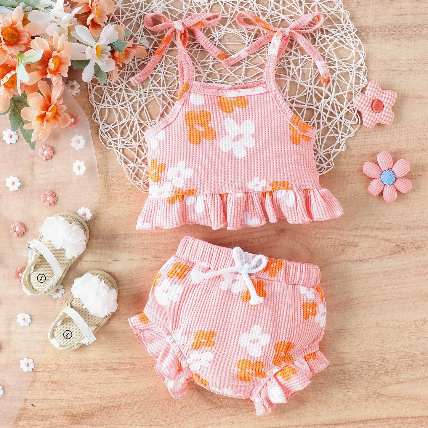 Multicolor Waffle Printed Lace Up Top Shorts