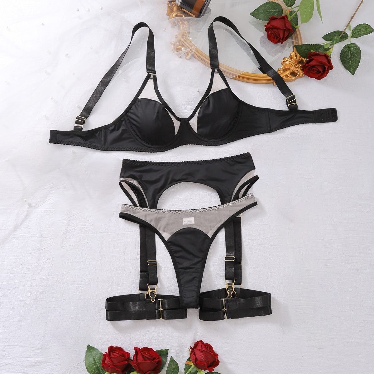 Sheer Mesh Tie Bow Gloves Sexy Lingerie Five-piece Set
