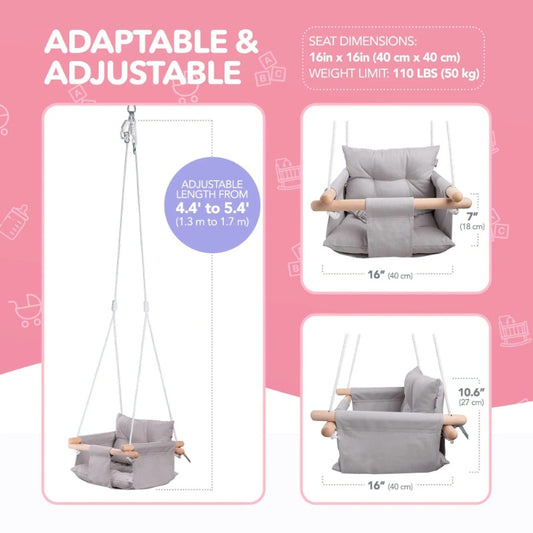 Canvas Baby Swing Wooden Hanging Swing Seat Chair With Safety Belt Durable Baby Swing Chair Outdoor And Indoor Swing For Kids Mounting Hardware Included Taupe Gray