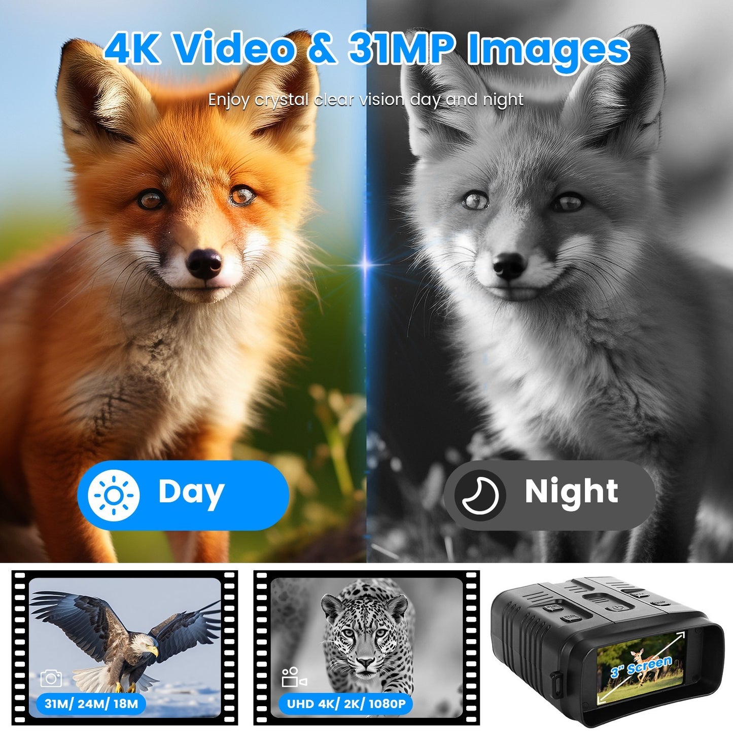 1Pc Night Vision Goggles 4K Full-Color Binoculars 10X Zoom With 2624ft Viewing Range 3in Screen 64G MMC Card WIFI APP Control Save Photo And Video For Camping Hunting & Security