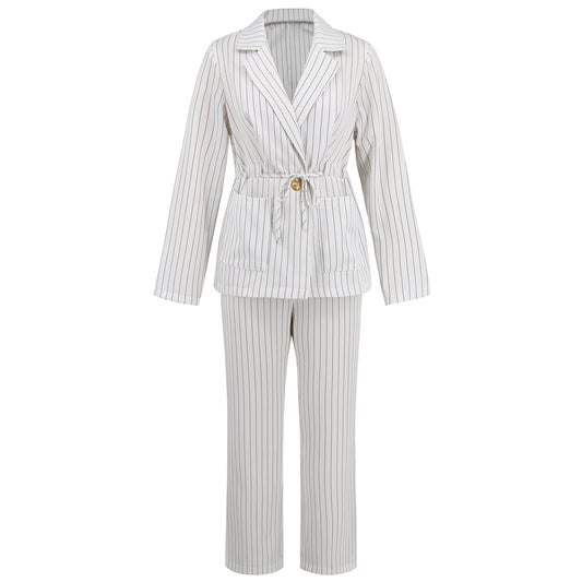Fashion Striped Lapel Two-piece Suit Suit Drawstring Coat Trousers