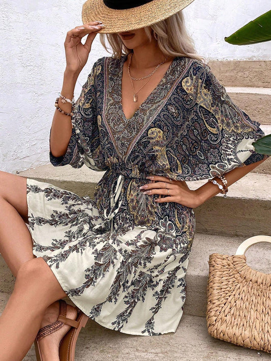 Paisley Print Batwing Sleeve Tassel Tie Front Ruffle Hem Dress