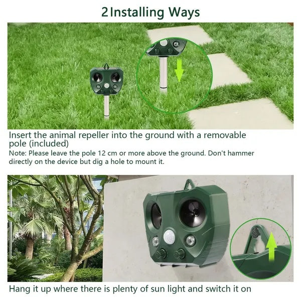 Ultrasonic Animal Repeller Solar Powered Repellent With Motion Sensor LED Flashing Lights