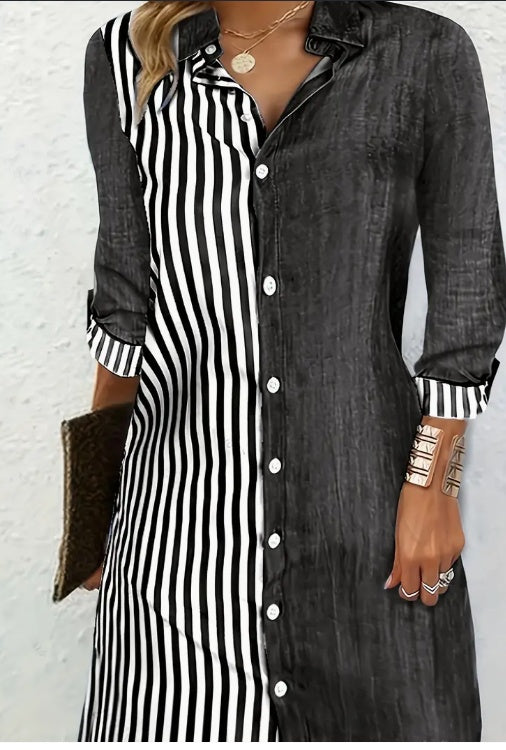 Stylish Striped Print Color Block Shirt Dress - Versatile Long Sleeve For Chic Spring & Fall Looks - Comfortable Womens Clothing For Everyday Wear