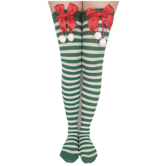 Christmas Striped Socks With Bow Fur Balls