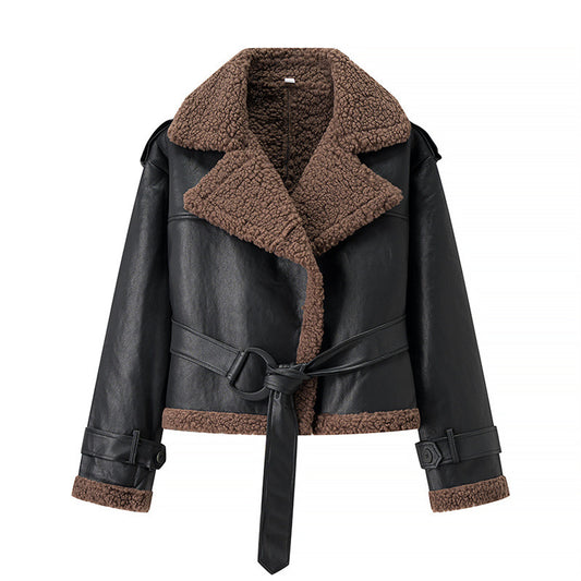 Autumn And Winter Short Flared Fur-Lined Coat With Collar