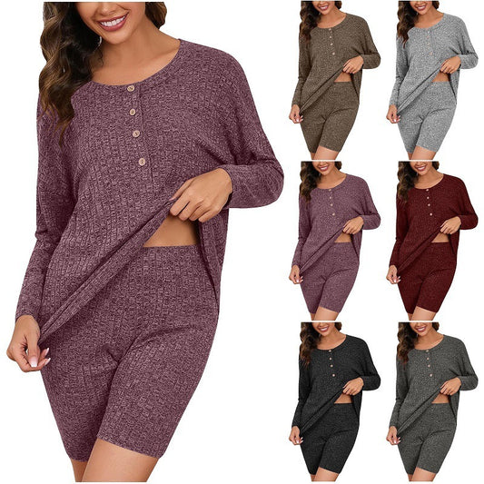 Women's Chic Rib Knitted Long-sleeved Top Shorts