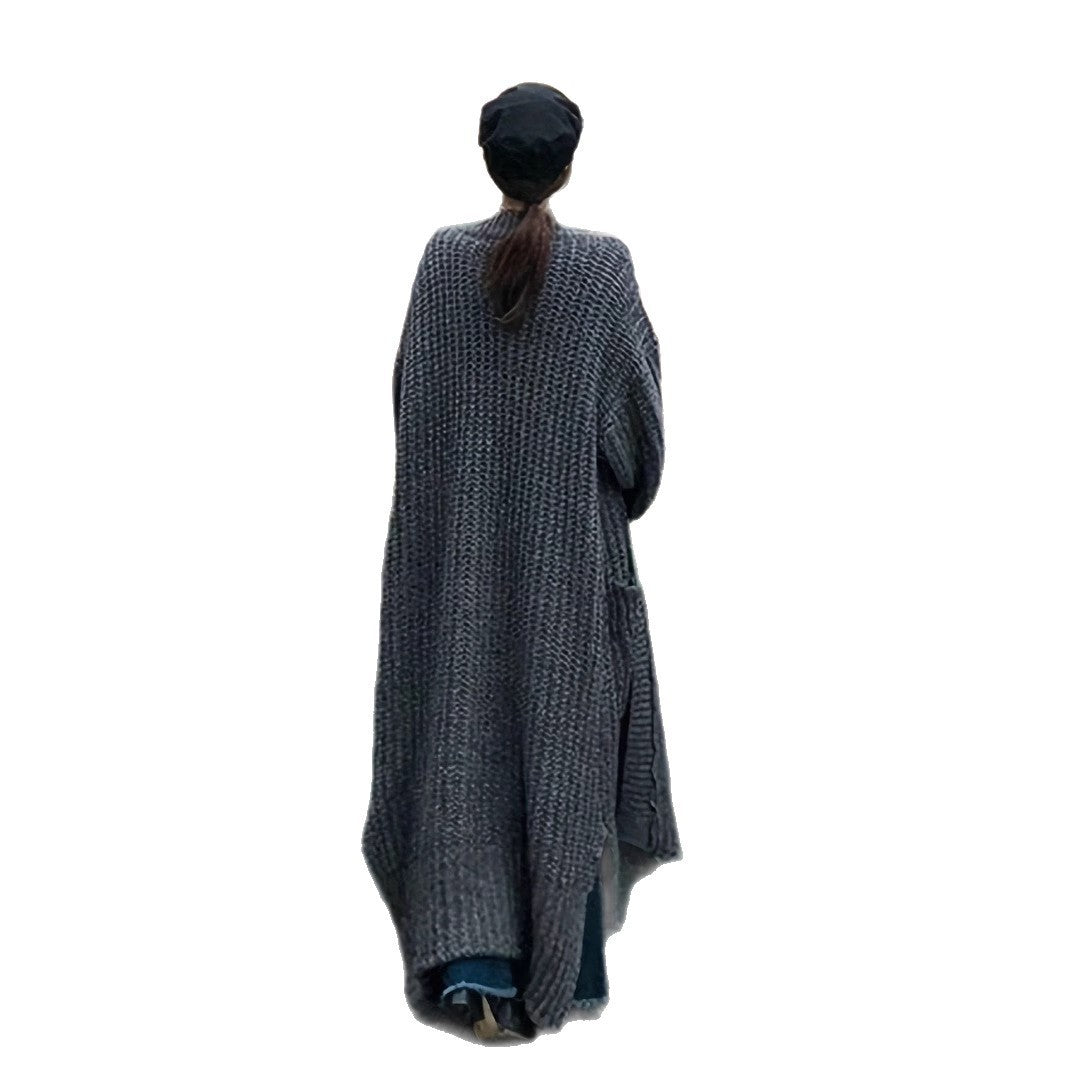 Women's Winter Extended Thick Thread Sweater Coat Loose Slit Knit Cardigan