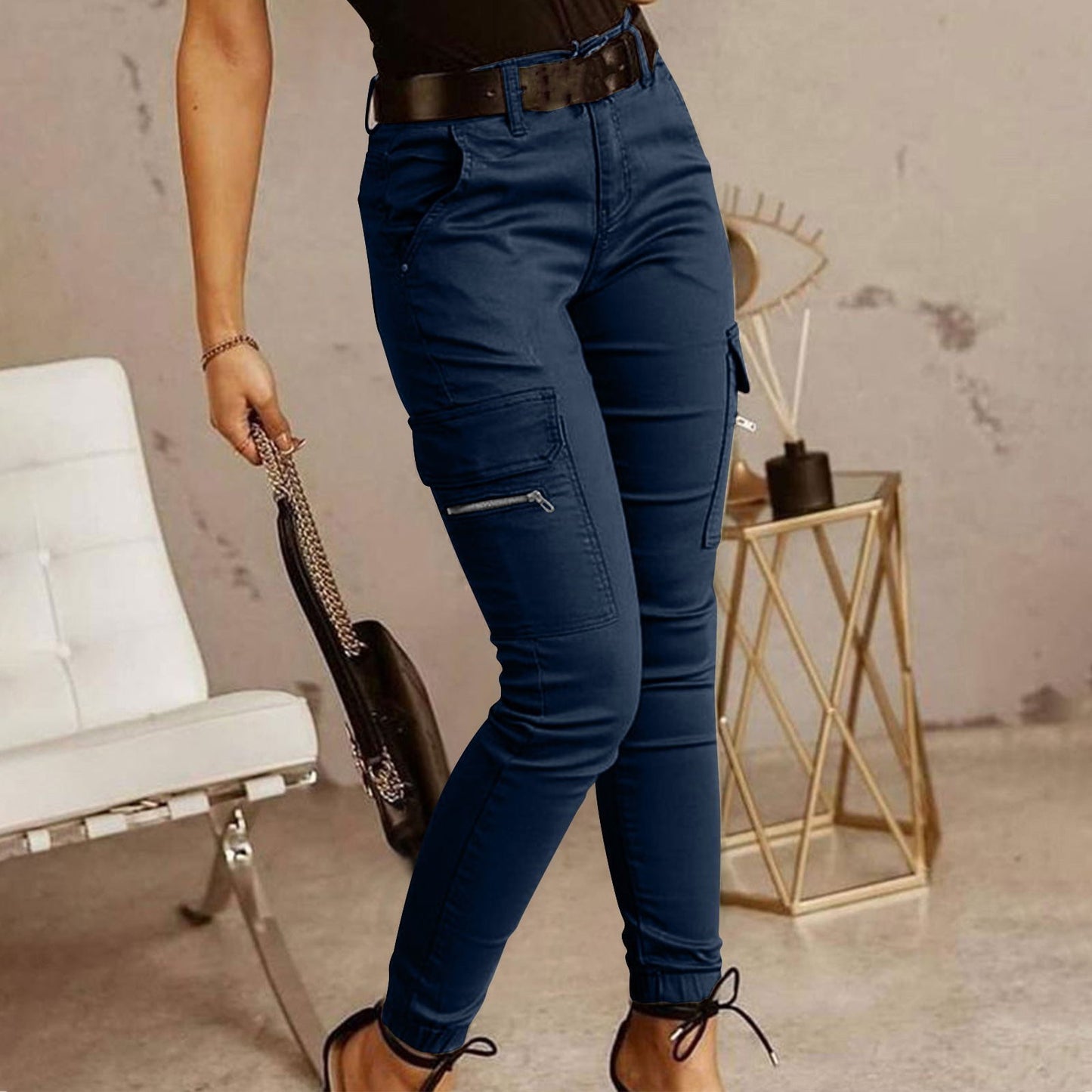 European And American Women's Trousers, Low-waisted Buttons, Solid Color Pockets