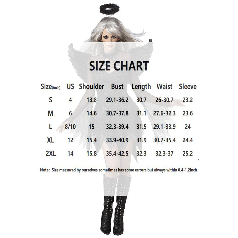 Women's Black Three-Piece Angel Costume Set Dress&Wings&Headband - Sheer Mesh Short Dress With Asymmetrical Hem For Cosplay