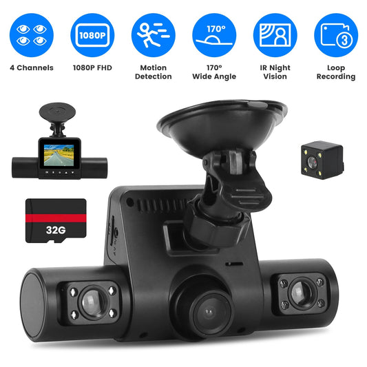 1Pc 360 Degree View FHD 4 Channel Dash Cam 1080P Front 480P Rear Left Right Inside Dash Camera With IR Night Vision Loop Recording Motion Detection Free 32GB MMC Card