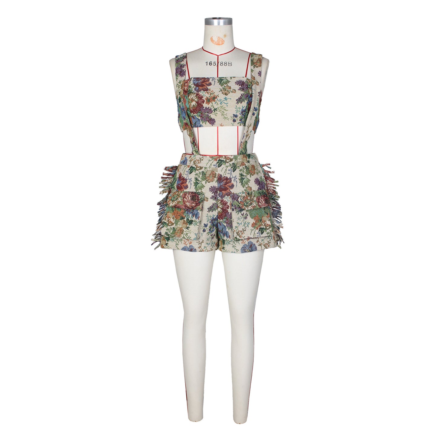 Vintage Flower French Court Tube Top Tassel Suspender Shorts Suit