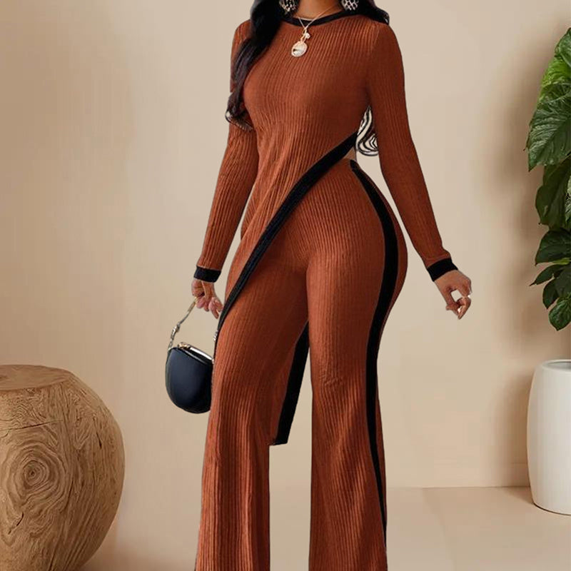 Women's Elegant Round-neck Two-piece Long-sleeved Pants With Decorative Edges For Spring & Fall