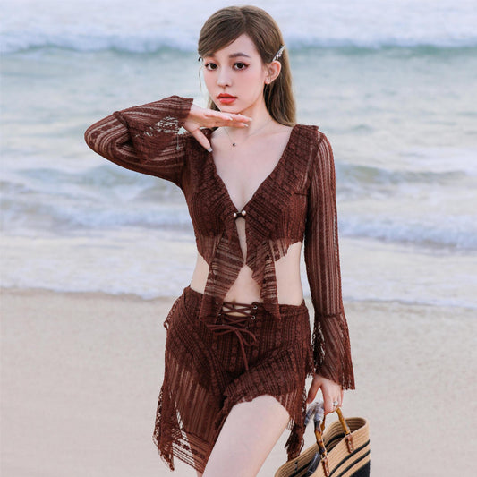 Women's Three-piece Lace Veils Boxer Swimsuit