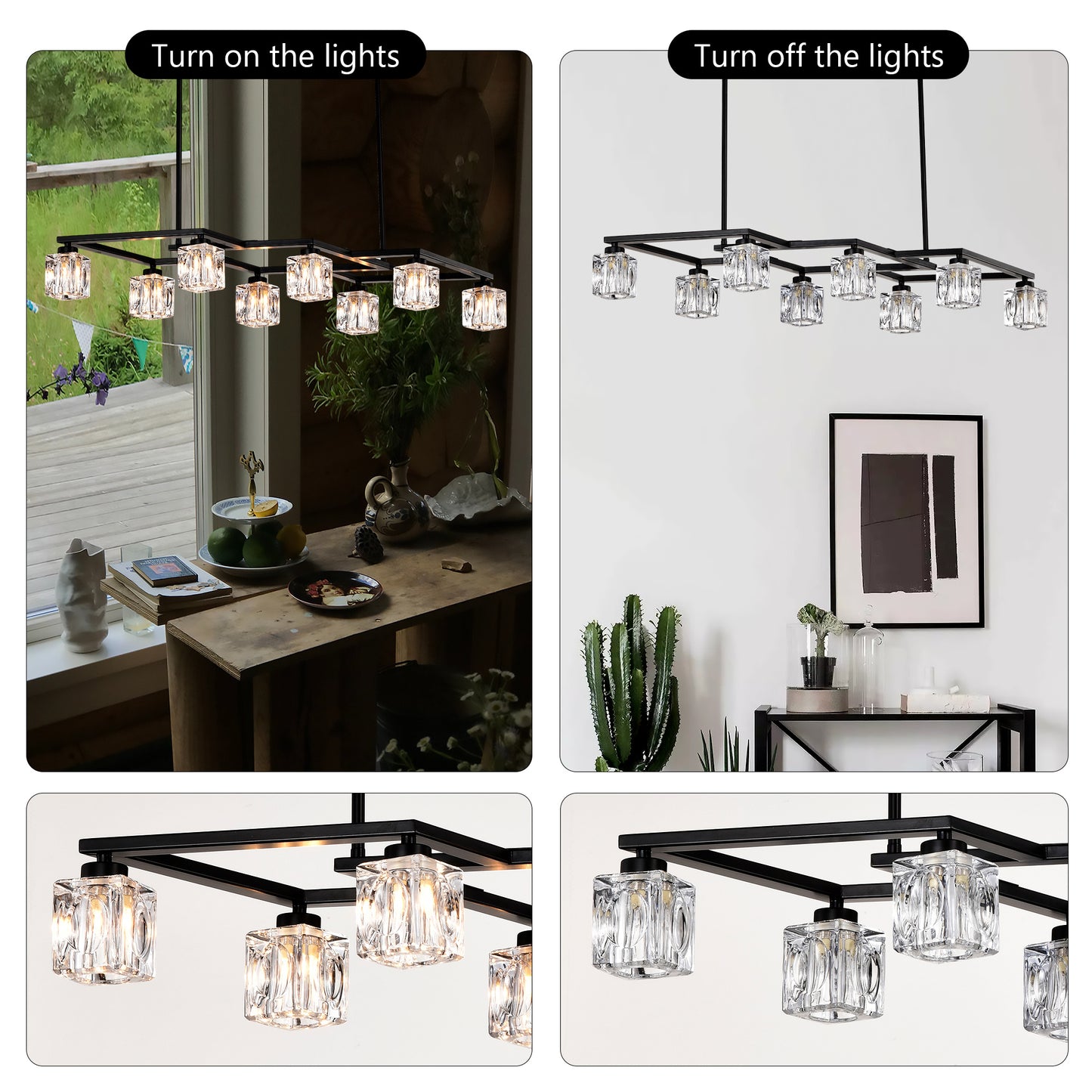 Matte Black Crystal Chandelier For Dining Room, 8-Light Kitchen Chandelier