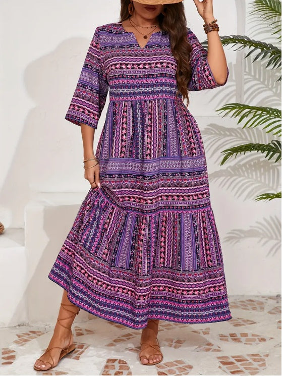 Plus Size All Over Print Tiered Dress, Vacation Notch Neck Short Sleeve Dress, Women's Plus Size Clothing