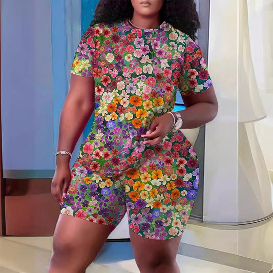 European And American Crew Neck Casual Printing Suit T-shirt And Shorts Two-piece Set