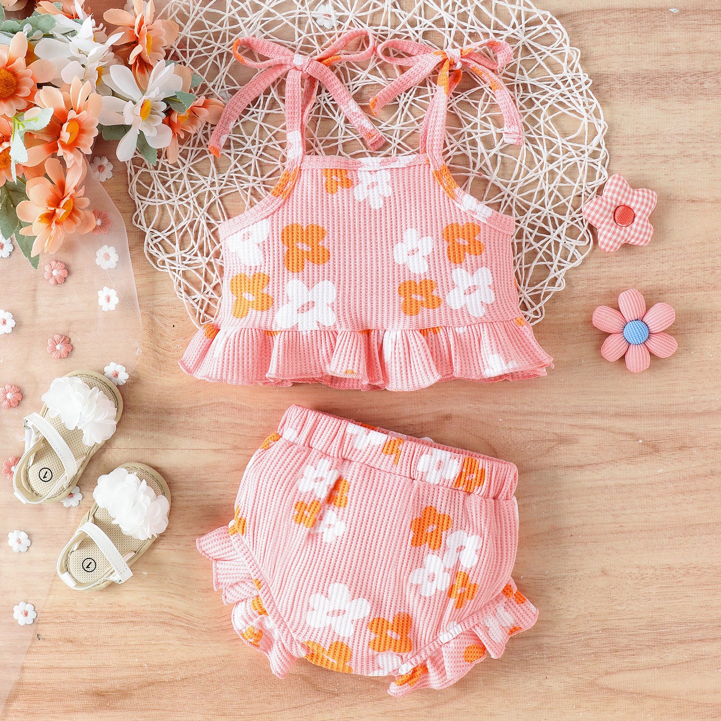 Multicolor Waffle Printed Lace Up Top Shorts