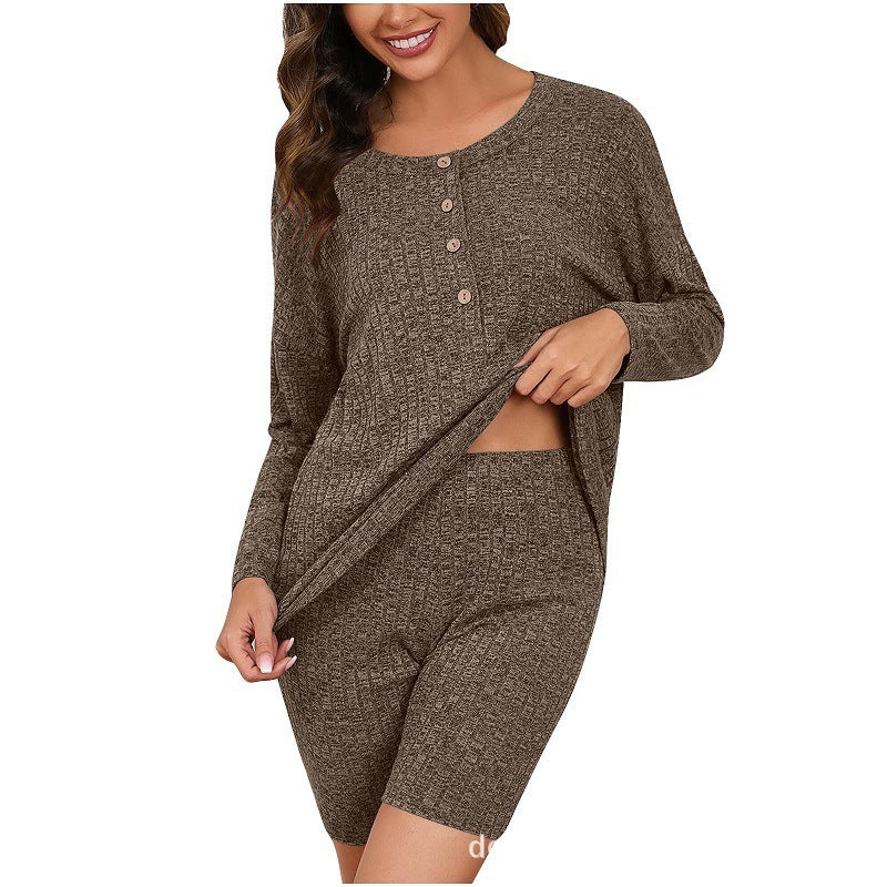 Women's Chic Rib Knitted Long-sleeved Top Shorts