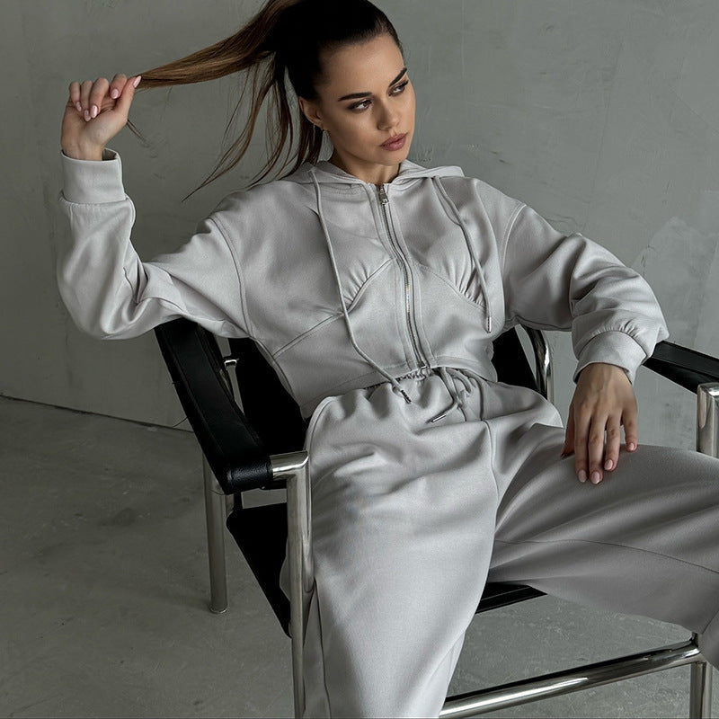 Long Sleeve Zipper Hooded Sweater Solid Color Laced Pants Two-piece Set