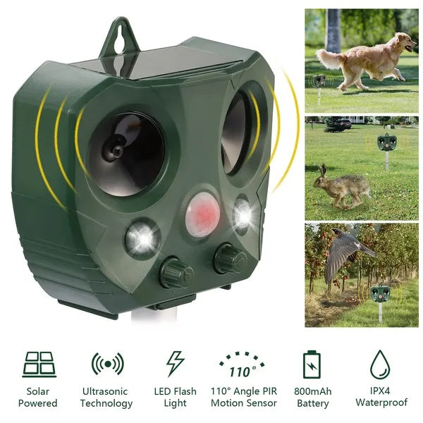 Ultrasonic Animal Repeller Solar Powered Repellent With Motion Sensor LED Flashing Lights