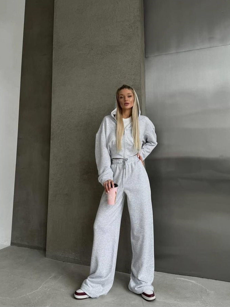 Long Sleeve Zipper Hooded Sweater Solid Color Laced Pants Two-piece Set