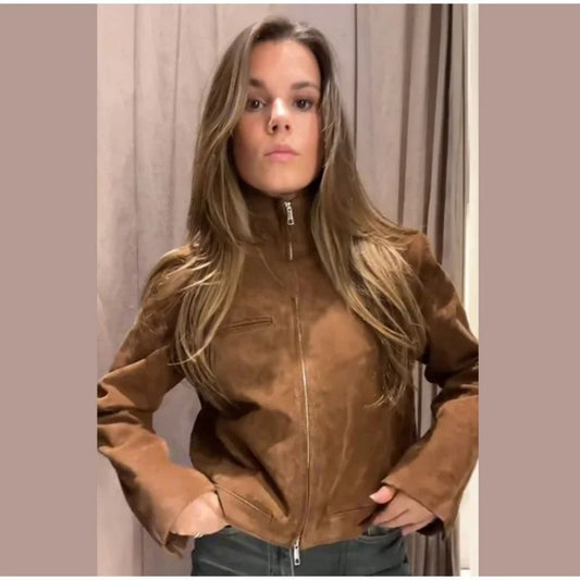 Spring Short Suede Jackets Women Brown Stand Collar Zip