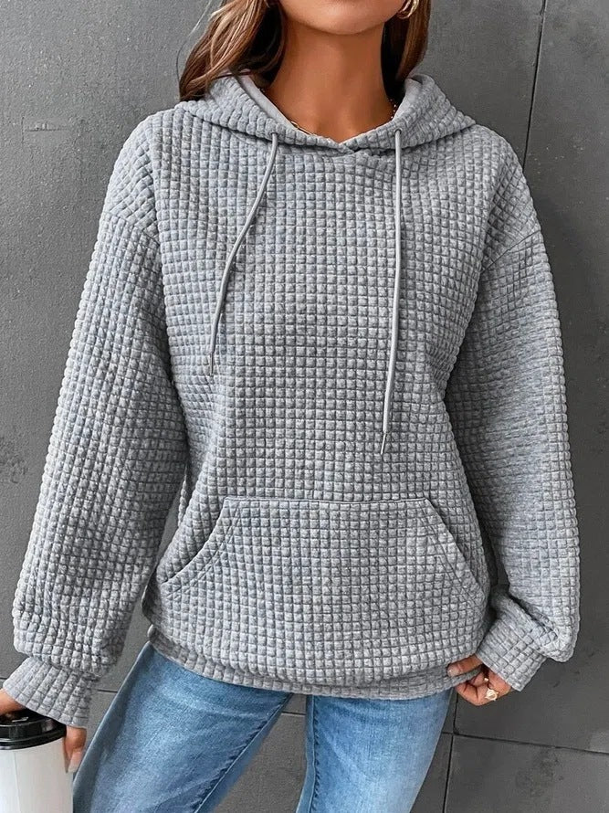 Small Plaid Pocket Long Sleeved Solid Color Top Hoodie