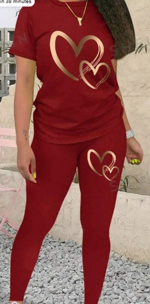 Slayr Women's Heart Printed Short Sleeve T-Shirt And Leggings Set For New Year Clothes
