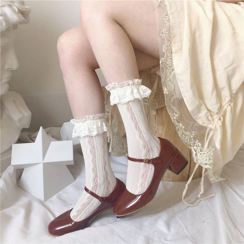 Hollow Lace Pile Pile Socks Stretch Calf Socks