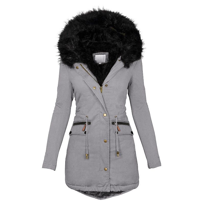 Women's Plush Hooded Parkas Winter Warm Thick  Zip-up Jackets Casual Mid-length Solid Buckle Pockets Coat Outerwear Clothing