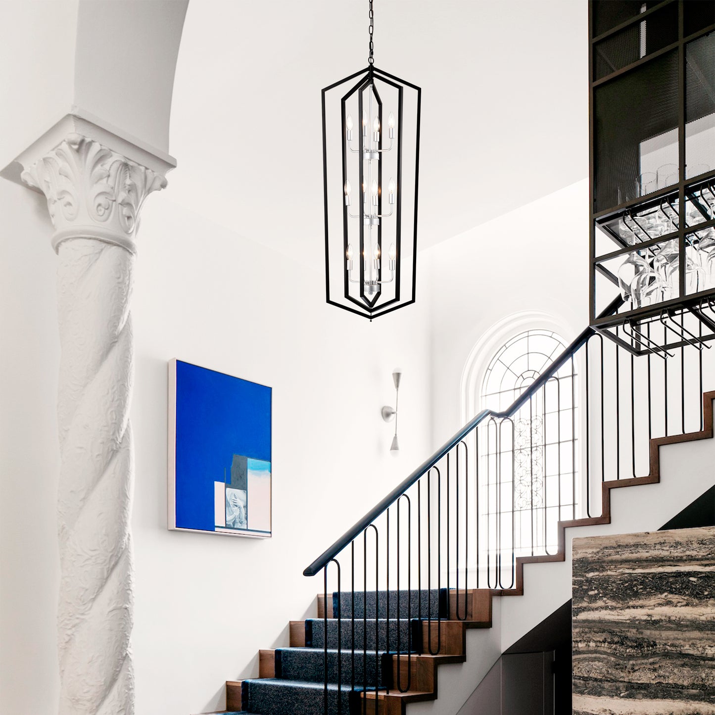 12-Light Farmhouse Kitchen Chandeliers, Matte Black And Sliver Vintage Rustic Cage Light Fixture Adjustable Height Chandeliers For Dining Room Hallway Foyer Entryway E12 Bulbs Not Included