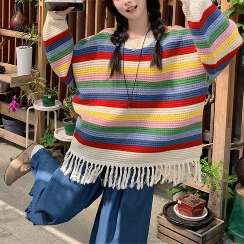 Rainbow Striped Tassel Hollow Out Sweater