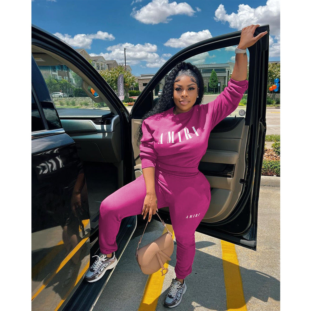 Printed Crew Neck Sweatshirt Two-piece Suit