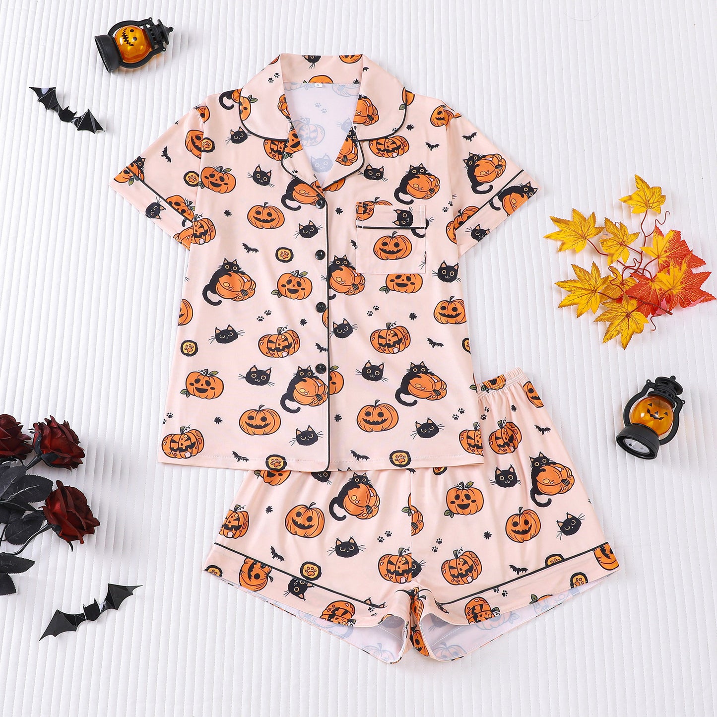 Cuban Collar Halloween Pumpkin Head Women's Short Sleeve Suit