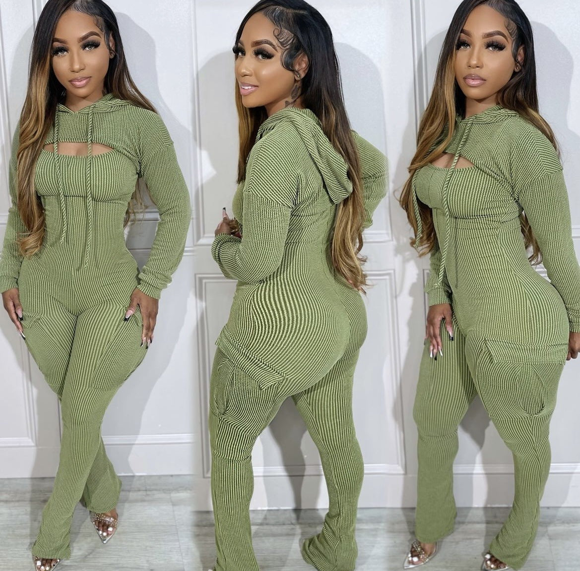 Long-sleeved Hooded Sling Slim Fit Bodysuit Two-piece Set