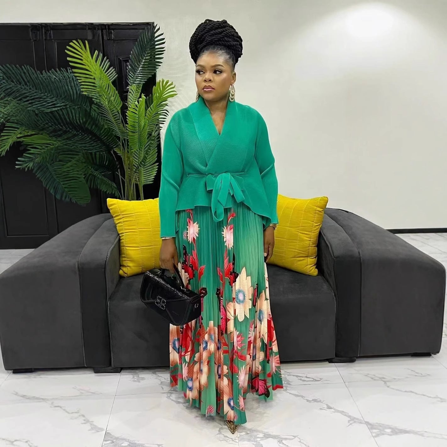 Popular Lace-up Solid Color Shawl Long Big Hem Dress Suit