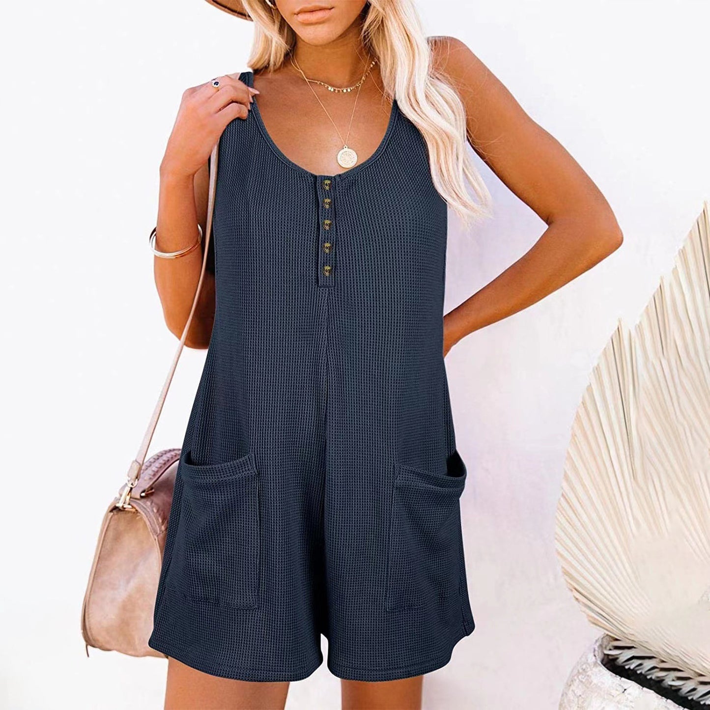 European American Summer New Women's Loose Casual Button Pocket Vest Jumpsuit