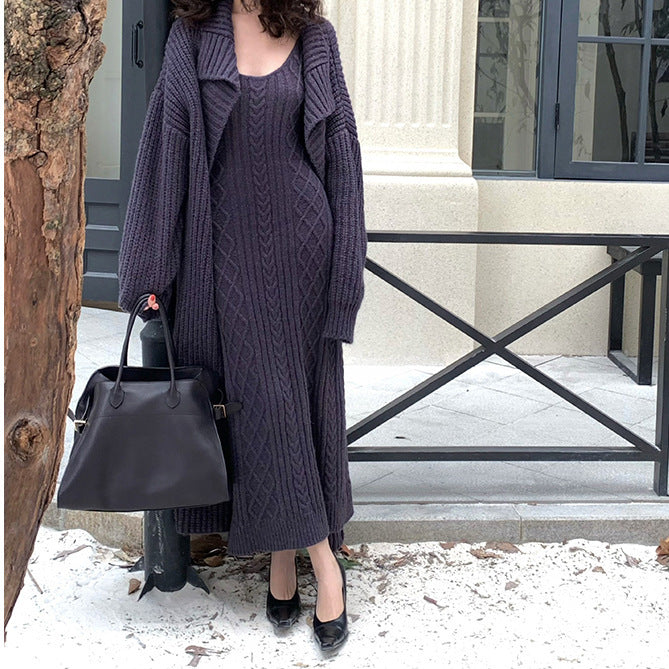 Knitted Cardigan Round Neck Dress Two-piece Women's Clothing