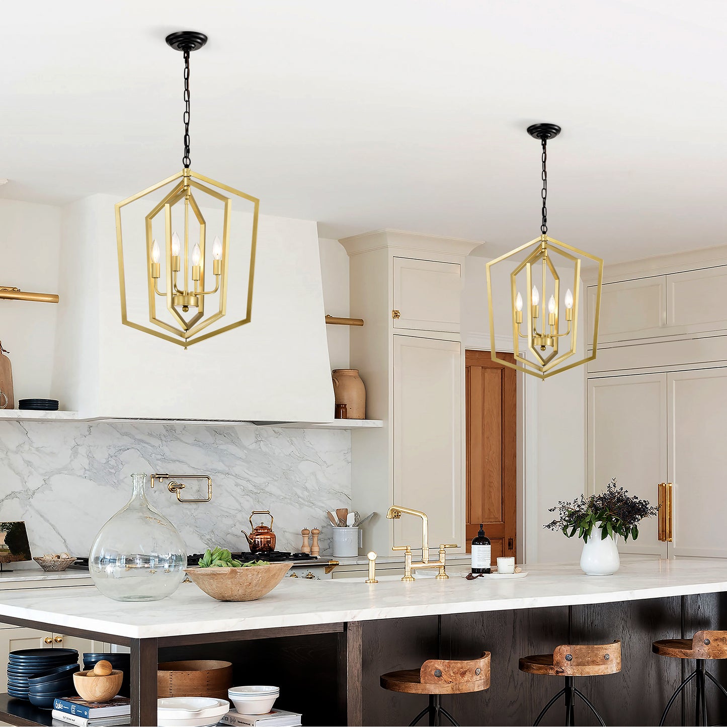 4-Light Farmhouse Kitchen Chandeliers, Vintage Cage Light Fixture Adjustable Height Chandeliers For Dining Room Hallway Foyer Entryway E12 Bulbs Not Included-GOLD MATTE BLACK