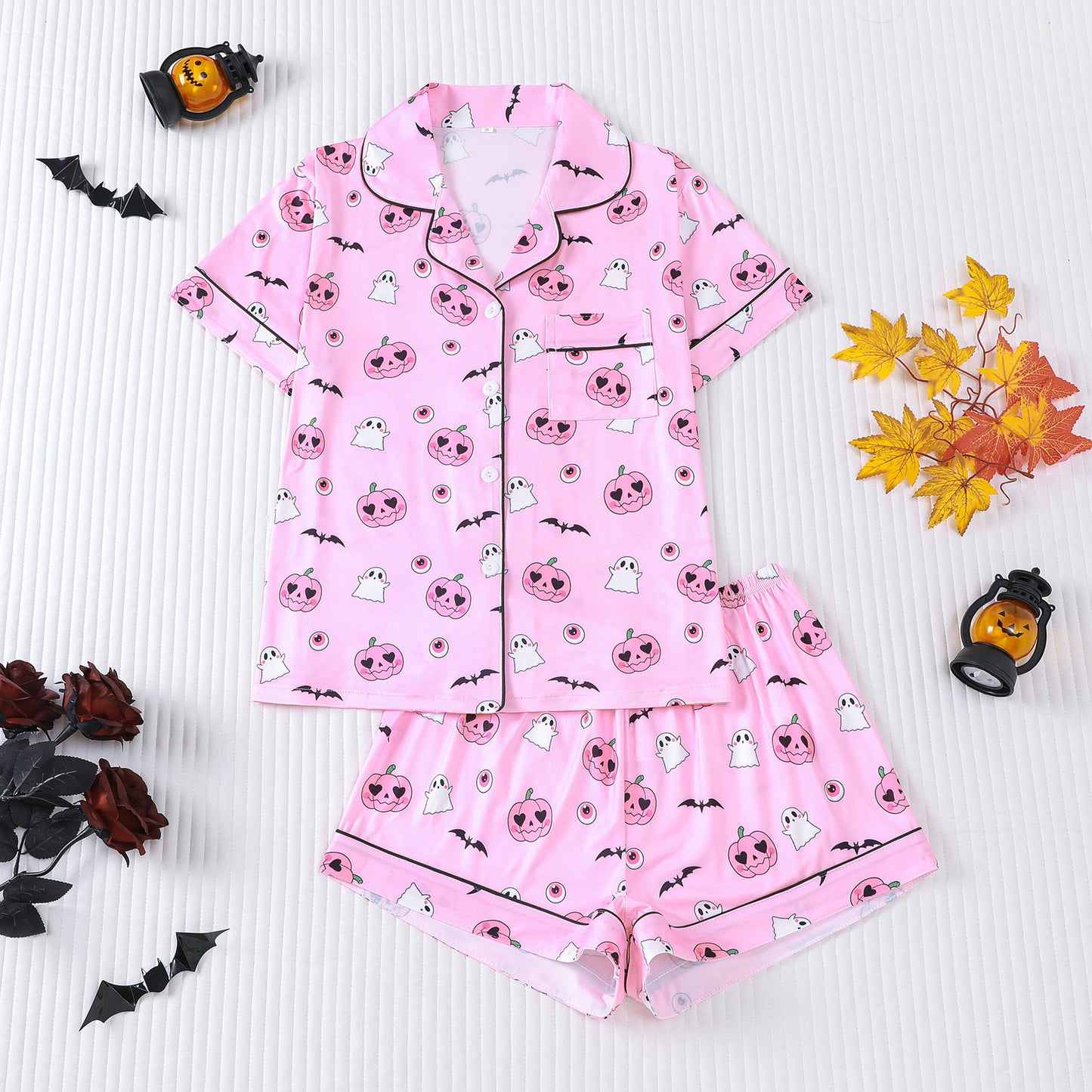 Cuban Collar Halloween Pumpkin Head Women's Short Sleeve Suit