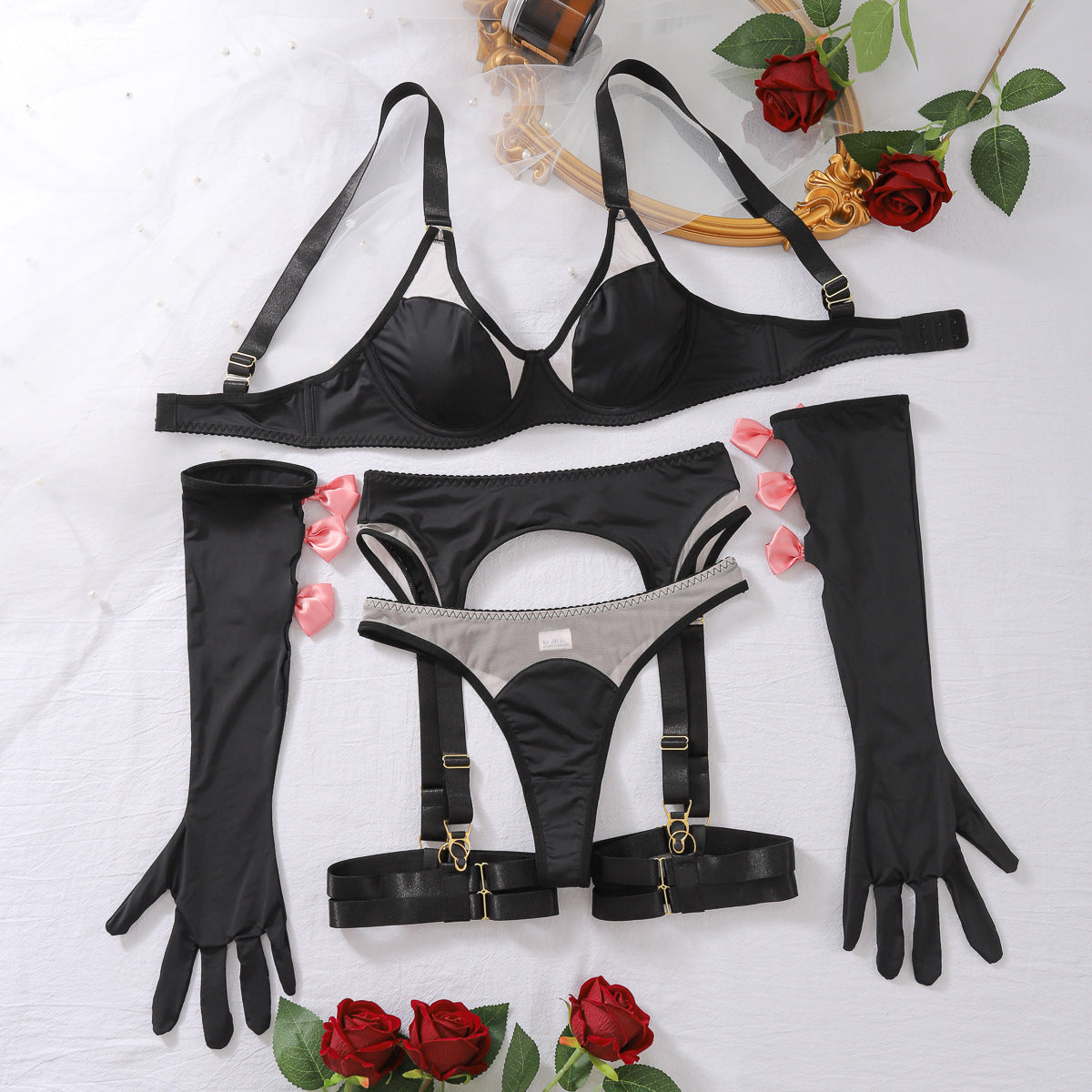 Sheer Mesh Tie Bow Gloves Sexy Lingerie Five-piece Set