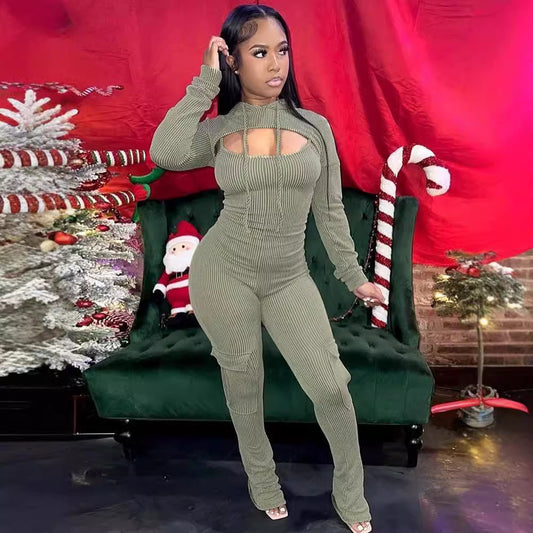 Long-sleeved Hooded Sling Slim Fit Bodysuit Two-piece Set