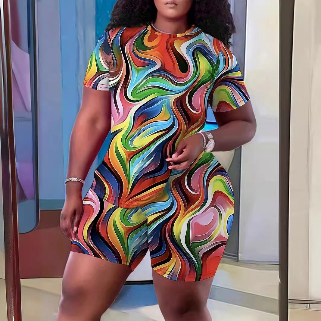 European And American Crew Neck Casual Printing Suit T-shirt And Shorts Two-piece Set