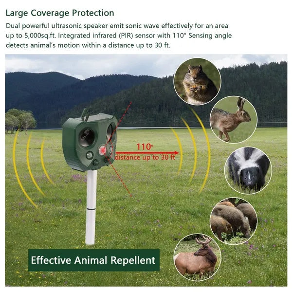Ultrasonic Animal Repeller Solar Powered Repellent With Motion Sensor LED Flashing Lights
